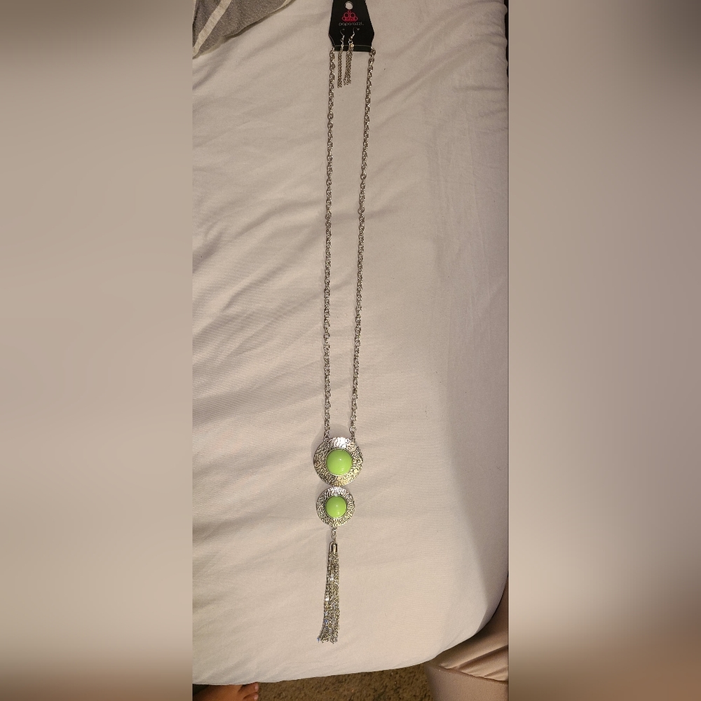 Long silver/green necklace